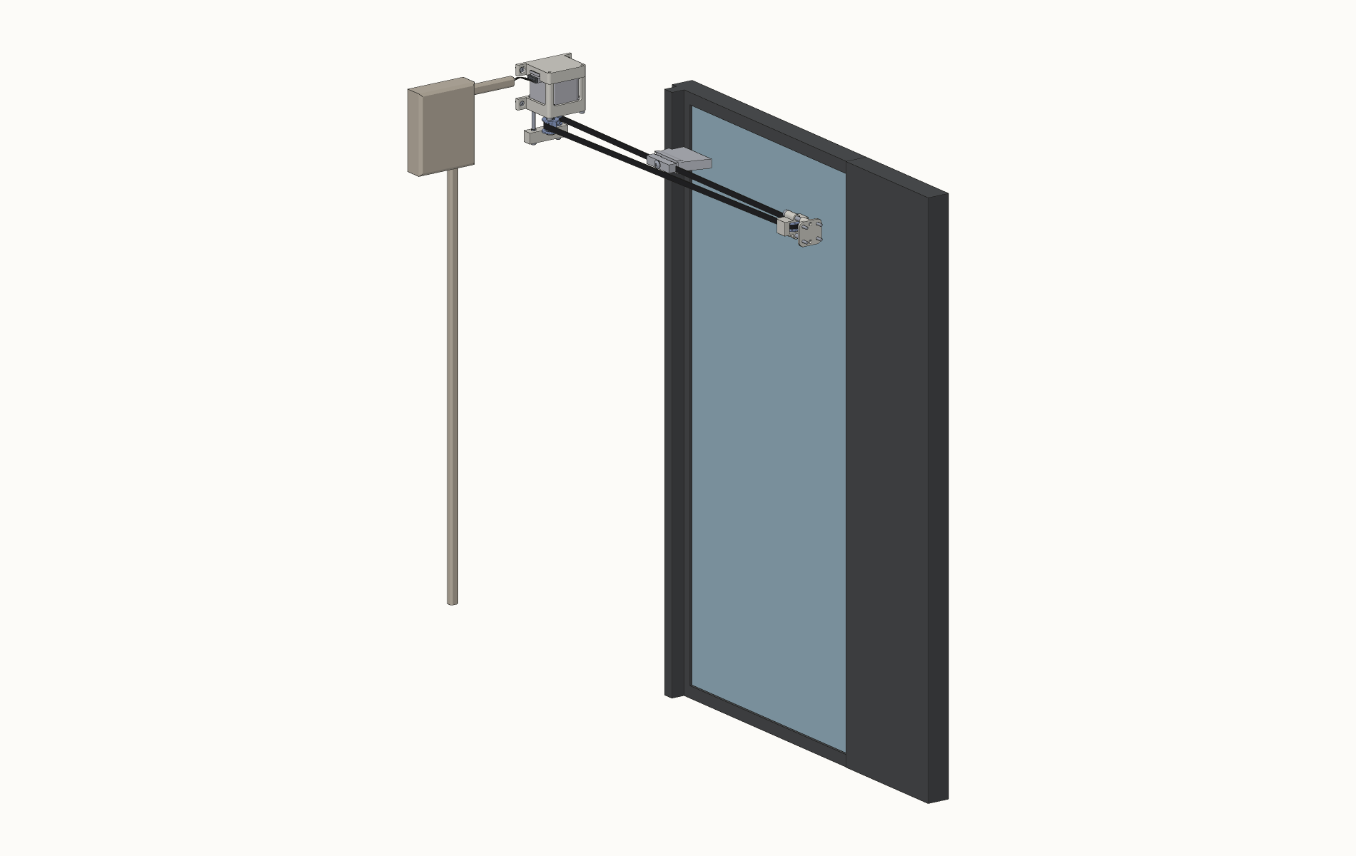 Installed assembly: motor and idler brackets mounted to the wall, belt running to a clamp on the window's stile